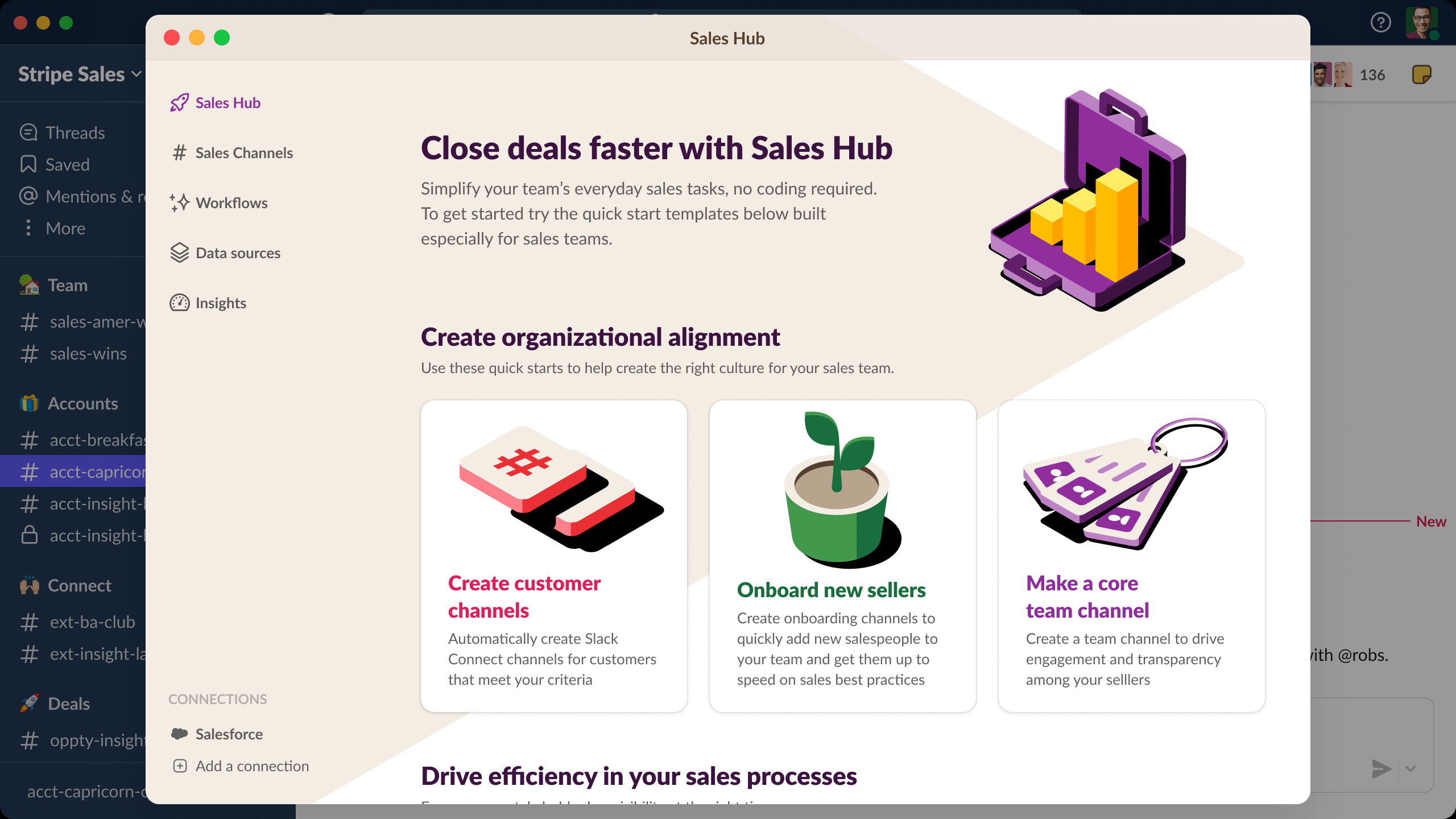 A screenshot of Sales Hub embedded into Slack.